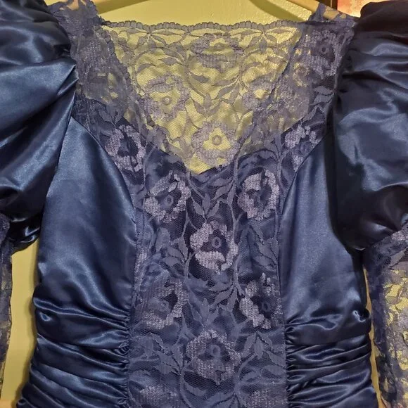 Vintage Royal Blue 80s Long Sleeve Lace A Line Prom Party Dress Women's Size 12 - Picture 11 of 15